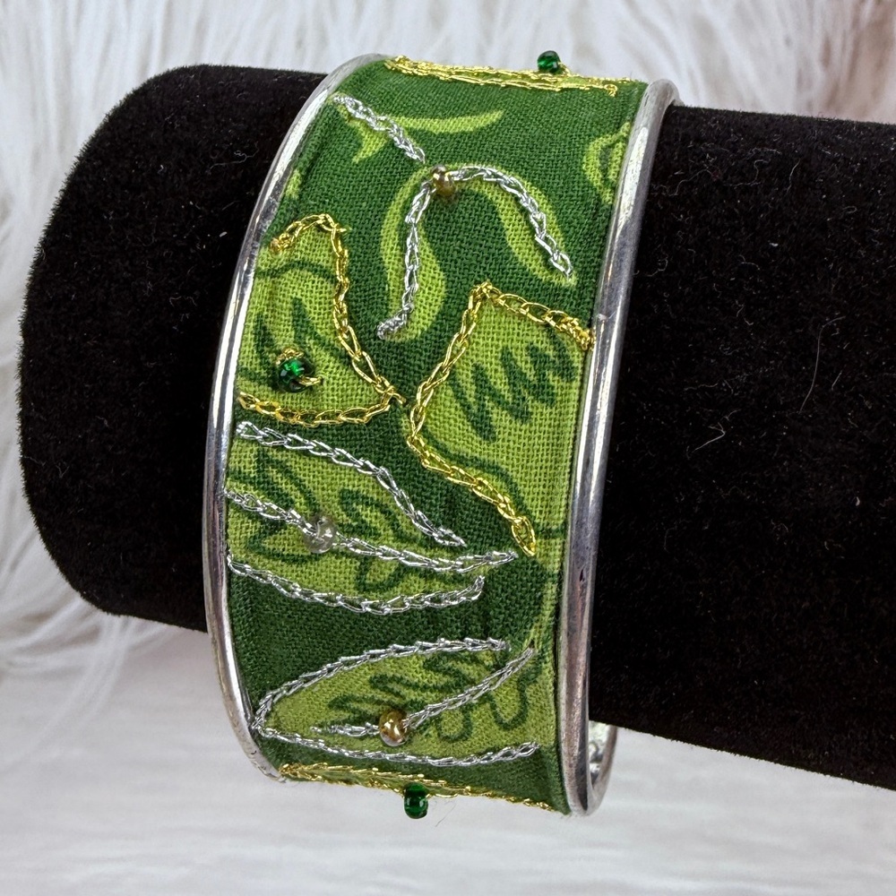 Aged Silvertone and green Embroidered cuff bracelet